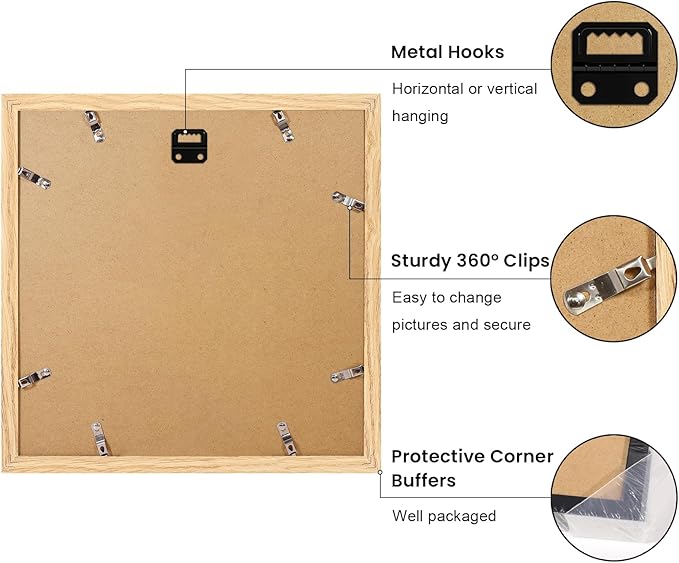 YESKAY 12x12 Picture Frame Set of 9, Photo Gallery Wall Frame Set, Display Pictures 8x8 with Mat or 12 x 12 Without Mat, Square Frame Picture Frames Collage Wall Decor, Natural Oak