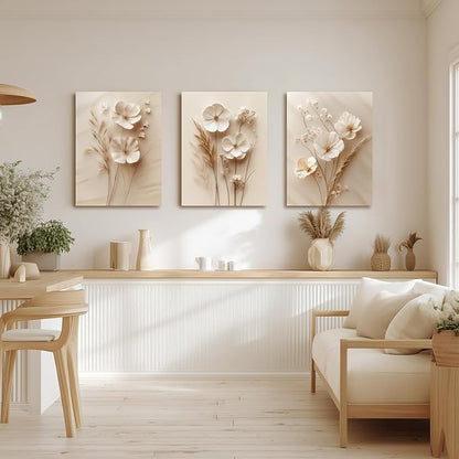 HLXRAE Minimalist Beige Floral Canvas Wall Art, Neutral Farmhouse Wall Decor, Framed Vintage Botanical Poster Prints, Modern Flower Aesthetic Pictures for Bathroom Living Room Bedroom 12"x16"x3
