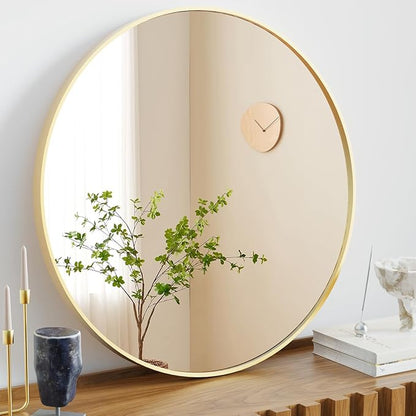 NEWBULIG Round Bathroom Mirror for Over Sink, 28 Inch Wall Mount Vanity Circle Mirror with Matte Metal Framed, Decor for Bathroom, Entryway, Bedroom, Gold