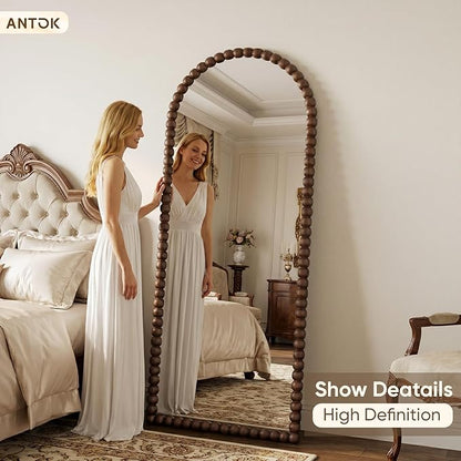 Antok 71" x 28" Arched Full Length Mirror, Antique Beaded Frame Floor Standing or Wall Mounted Mirror with Stand for Bedroom, Entryway, Brown, Luxury Style