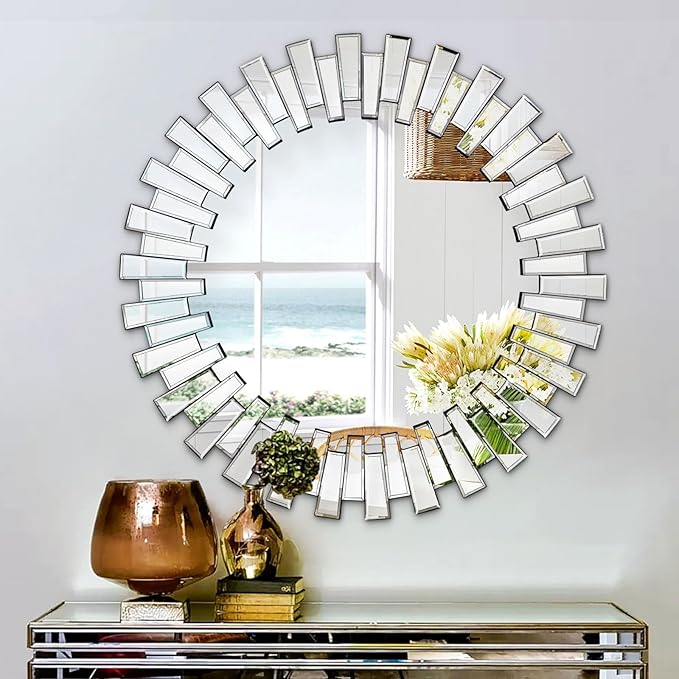 Chende Round Mirrors for Decor, 44'' Large Decorative Wall Mirror with 3D Frame Beveled Glass, Frameless Circle Mirror for Living Room, Dining Room, Bathroom, Entryway, Bedroom