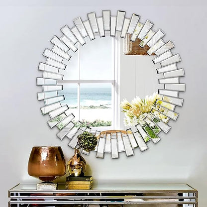 Chende Round Mirrors for Decor, 44'' Large Decorative Wall Mirror with 3D Frame Beveled Glass, Frameless Circle Mirror for Living Room, Dining Room, Bathroom, Entryway, Bedroom