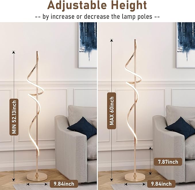 EIDISUNY LED Floor Lamp for Living Room, 60 inches Spiral Floor Lamp with Remote Control, 48W, 3 Color Temperatures,Dimmable, for Bedroom, Office Gold