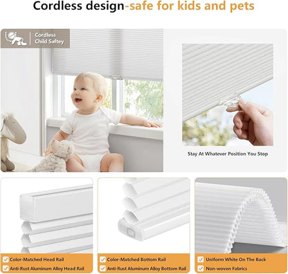 LazBlinds Cordless Cellular Shades, Light Filtering Honeycomb Shades for Home, Thermal Insulation Noise Reduction Blinds for Windows, 45'' W x 64'' H, White