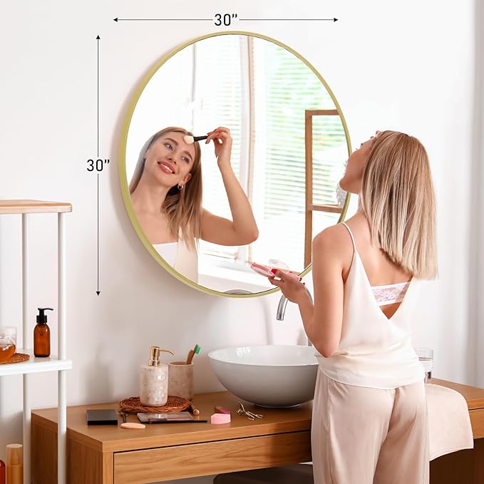 NEWBULIG Round Wall Mirror, 30 Inch Bathroom Mirrors for Over Sink, Wall Vanity Circle Mirror with Matte Metal Framed, Decor for Bathroom, Entryway, Bedroom, Gold