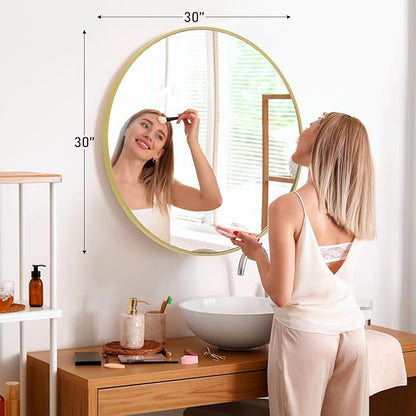 NEWBULIG Round Wall Mirror, 30 Inch Bathroom Mirrors for Over Sink, Wall Vanity Circle Mirror with Matte Metal Framed, Decor for Bathroom, Entryway, Bedroom, Gold