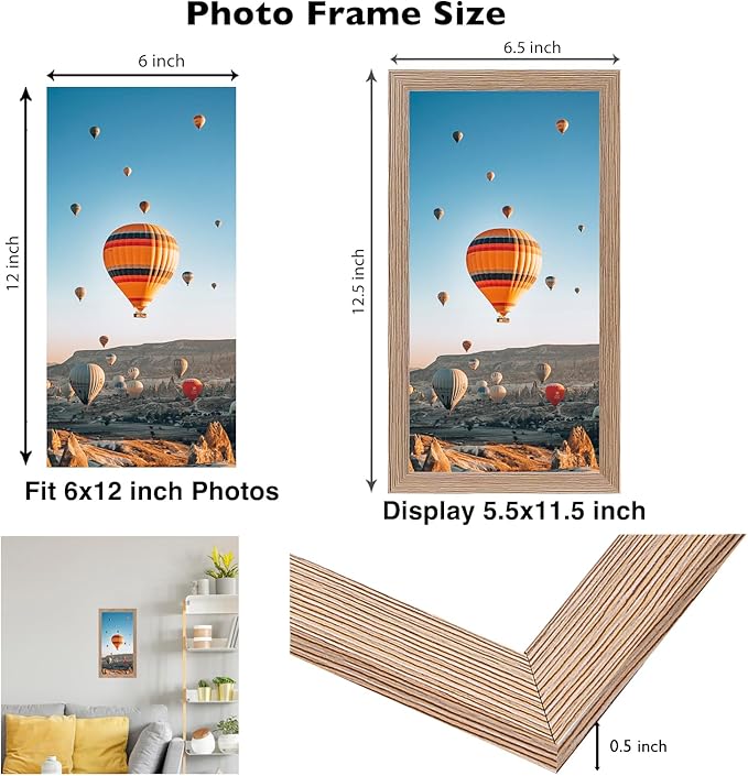 JCJMY 6x12 Rustic Brown Picture Frame Set of 6, Horizontal and Vertical Formats for Wall Hanging, 6 x 12 Wall Gallery Poster Photo Frames with Shatter Resistant Plexiglass, 6 Pack, Rustic Brown