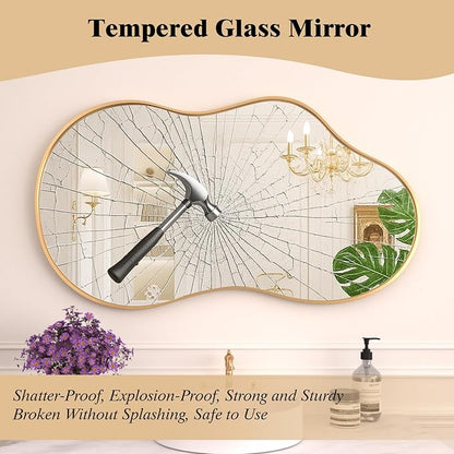 WEER Irregular Wall Mirror, 26x46 inch Gold Asymmetrical Wall Mounted Mirrors Decorative, Abstract Wavy Aluminum Alloy Frame for Bathroom, Bedroom, Living Room, Entryway