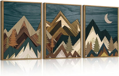 BINCUE Boho Mountain Wall Art Framed Landscape Wall Decor Modern Nature Artwork Mountains Wall Pictures Moon Art Landscape Wall Paintings Rustic Prints for Farmhouse Bedroom Living Room Office 12x16 Inch Set of 3