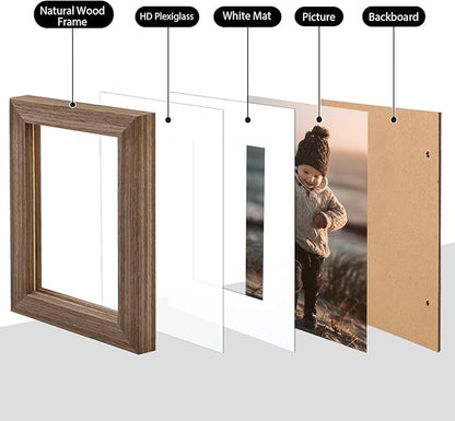 KINLINK 6x8 Picture Frame Brown Wood, Solid Wood Frames with Acrylic Plexiglass for Pictures 4x6 with Mat or 6x8 without Mat, Tabletop and Wall Display Photo Frame, Set of 4