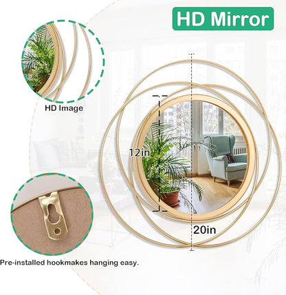 Large Gold Round Art Wall Mirror with Iron Metal Wire Frame Wall-Mounted Mirror for Home Decor Living Room Bedroom Bathroom Entryway 20"