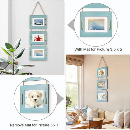 DLQuarts 5x7 Hanging Picture Frames Collage Wall Decor, 3-Opening Photo Frames 5x7 without Mat & 3.5x5 with Mat, Rustic Wood 3 Photo Frames, Ocean Blue