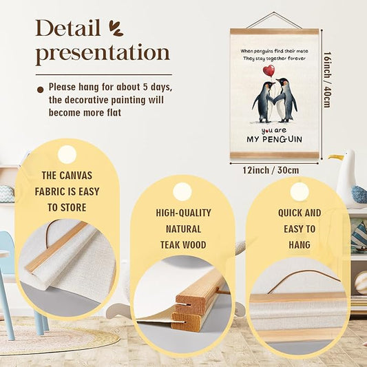 Penguin Love Canvas Wall Art, Romantic Couple Poster with Wooden Frame, Hanging Home Decor,Cute Penguins Poster Gifts for Wife,Husband,Boyfriend and Girlfriend,or Valentine's Day Gift 12x16inches