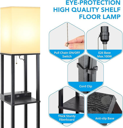 Mlambert Modern Shelf Floor Lamp with Wireless Charger & Fast Charging USB Ports & Type C Port & 2 Power Outlets,3 Tier Storage Lamp for Bedroom,Black