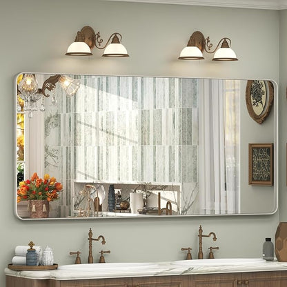 60x28 Silver Bathroom Mirror for Wall, Silver Brushed Framed Bathroom Vanity Mirror, Rectangle Bathroom Nickel Mirror, Anti-Rust, Shatterproof (Horizontal/Vertical)