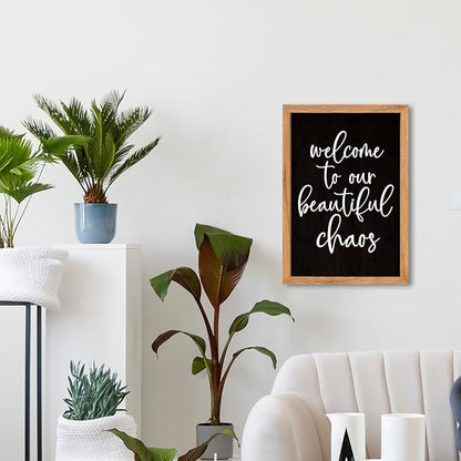 AuraPeak Welcome To Our Beautiful Chaos Sign Home Living Room Wall Decor Modern Family Rustic Farmhouse House Entryway Bedroom Hanging Horizontal Plaque Wall Art (Wood Black 16"×11")