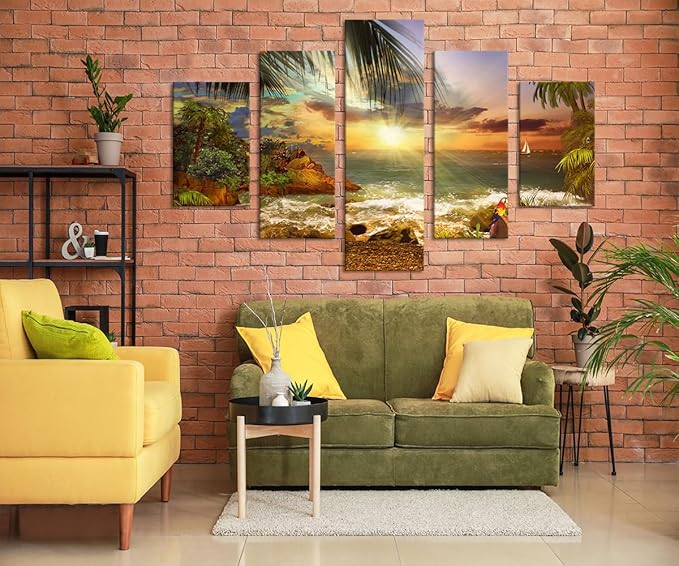 Yatsen Bridge Beautiful Beach Waves Palm Sunset Landscape Modern Pictures Painting on Canvas 5 Panels Combination Enlarge Set for Wall Art Living Room Home Decor Framed Stretched (60''W x 40''H)