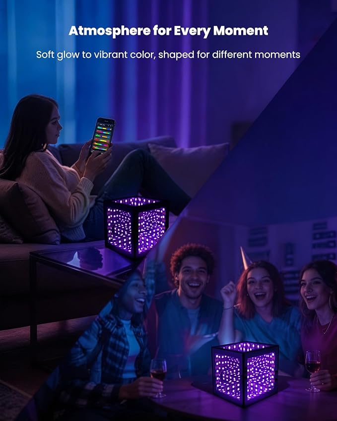 Nobiggie Infinity Mirror Cube Ambient Lighting, 3D Deep Space RGB LED Mood Light with Music Rhythm Sync, Futuristic Hypercube Decor for Home, Bedroom & Living Room (Space Black, Mini - 4.4 Inch)