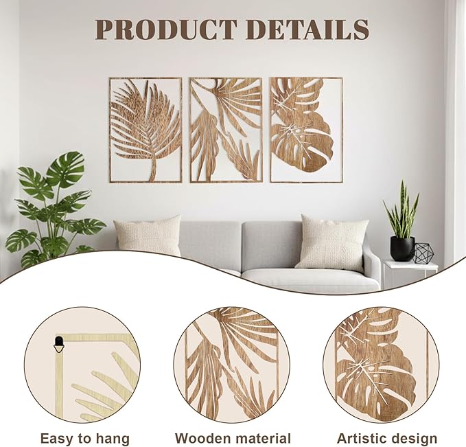 Jinzhenhong 3Pcs Modern Wooden Wall Sculptures, Leaf Sign Vintage Tropical Plant Wall, Wood Rustic Palm Leaf Wall Art Decor for Living Room Bathroom Bedroom Office (Leaf 1 Dark Brown)