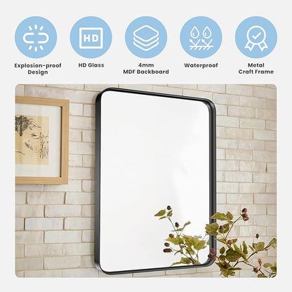 NEWBULIG 24"x36" Wood Wall Mirror, Bathroom Mirrors for Over Sink, Matte Metal Framed Vanity Mirror with Tempered Glass, Entryway, Living Room, Bedroom