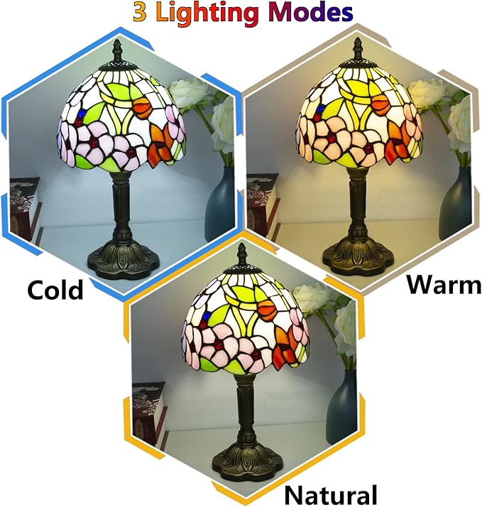 Tiffany Style Table Lamp, 3 Color Temperatures Bedside Lamp, 8 Inch Stained Glass Desk Light for Home Office Bedroom Living Room (Four-Leaf Flower Pattern)