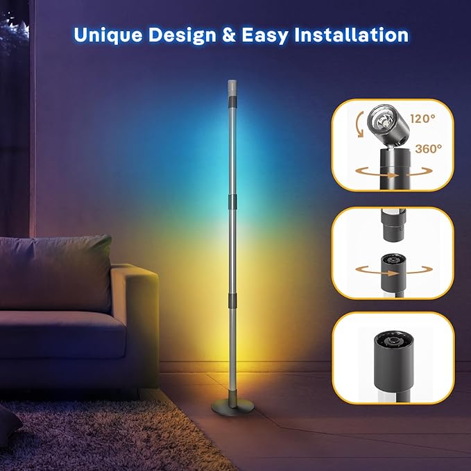 SANBEN RGB+IC Floor Lamp, Smart LED Corner Lamp with Music Sync and 16 Million DIY Colors, App & Remote Control, 360° Rotating Standing Floor Lamp with Spotlight for Bedroom Living Room
