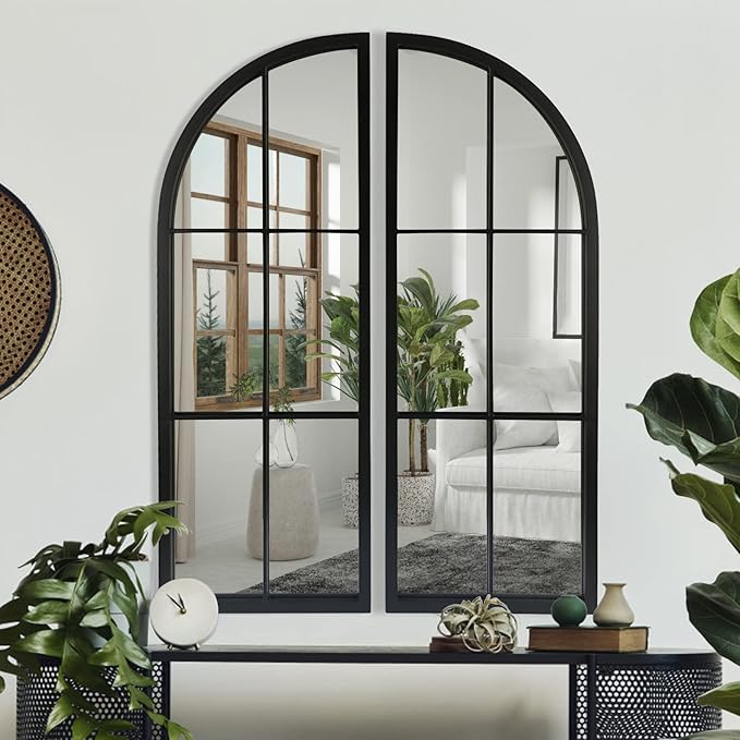 OUSHUAI Black Arched Mirror Set of 2,Window Pane Mirror for Wall Decor,Farmhouse Wall Mounted Mirrors for Entryway,Hallway,Living Room,Fireplace.2-Pack 38"X13.4"