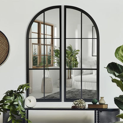 OUSHUAI Black Arched Mirror Set of 2,Window Pane Mirror for Wall Decor,Farmhouse Wall Mounted Mirrors for Entryway,Hallway,Living Room,Fireplace.2-Pack 38"X13.4"