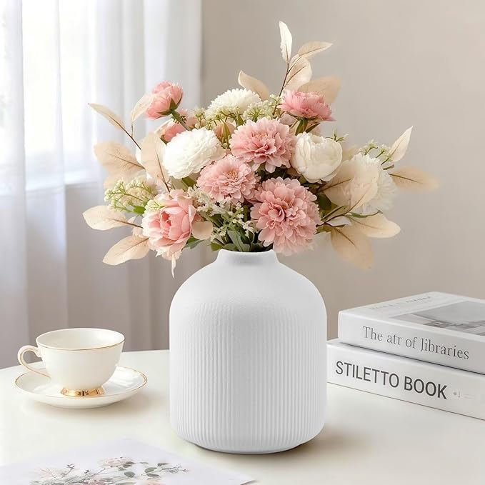 White Ceramic Flower Vases Set of 3, Valentine's Day Gift Vases with Vertical Stripe Texture, Modern Decorative Vases for Dried Flowers, Home Decor Vase for Living Room Bedroom Kitchen Shelf