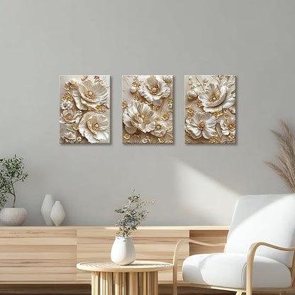 3 Pcs Modern Beige Gold Peony Floral Canvas Wall Art, Neutral Elegant 3d Beige Flowers Wall Painting White Blooming Floral Pictures Posters Art Print Home Decor for Bedroom Living Room Office 12"x16"x3