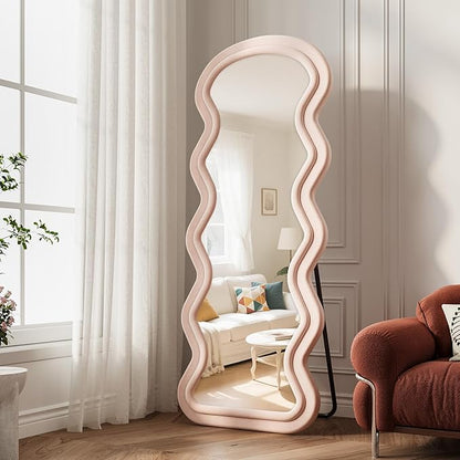 Wavy Full Length Mirror, 63"x24" Flannel Mirrors Full Length with Stand, Full Boby Mirrors for Bedroom, Living Room, Cloakroom, Hanging Leaning Wall Mirror, Pink