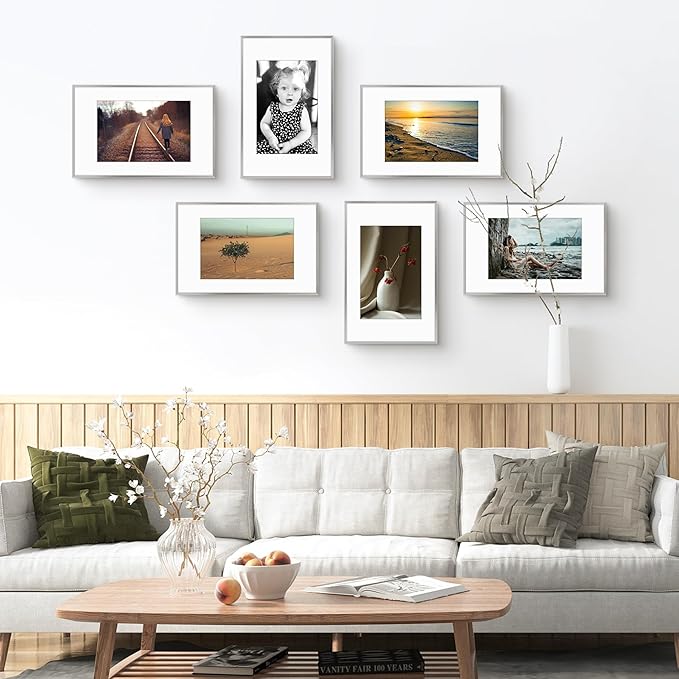 Golden State Art 11x17 Picture Frame 6 Pack - Modern Silver Aluminum Photo Frames With 8x12 Mats and Real Glass Cover - Elegant Minimalist Wall Gallery Frames for Home or Office Decor