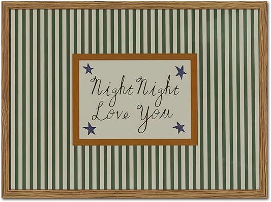 Vintage Night Night Love You Wall Art Mid Century Striped Nursery Bed Wall Decor Picture, Kids Good Old Days Poster Canvas Print Artwork for Child Bedroom Living Room16x24 inch Wood Framed