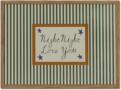 Vintage Night Night Love You Wall Art Mid Century Striped Nursery Bed Wall Decor Picture, Kids Good Old Days Poster Canvas Print Artwork for Child Bedroom Living Room12x16 inch Wood Framed