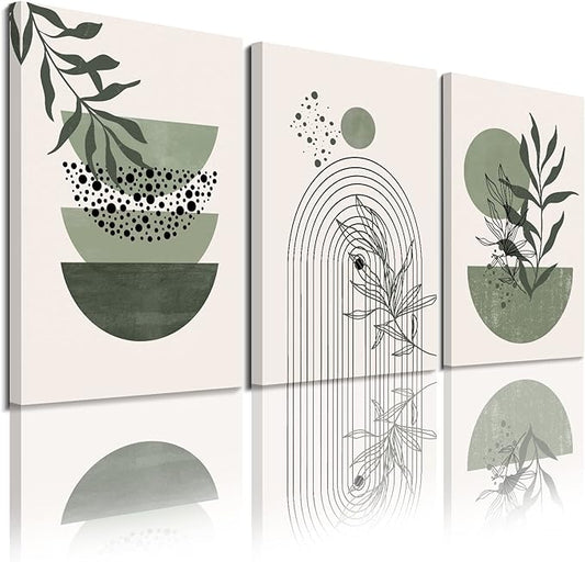 Sage Green Wall Posters & Prints, Green Boho Wall Art Set of 3, Minimalist Framed Wall Art Geometric Line Leaf Sun Moon Beige Green Canvas Artwork Paintings