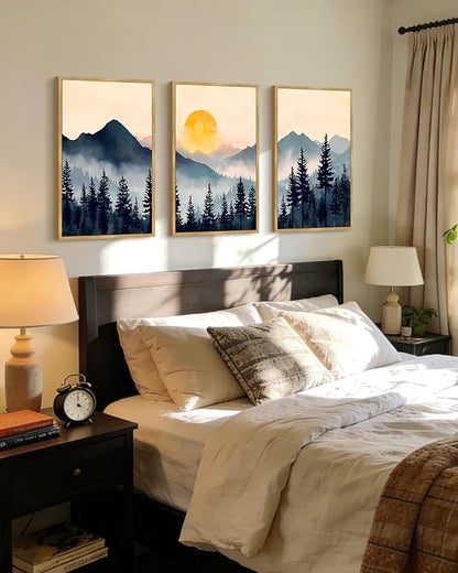 PHOPAGO Blue Fog Pine Tree Mountain Landscape Framed Wall Art Large 16x24in Retro Watercolor Nature Misty Forest Artwork Paints Sun Rise Rustic Farmhouse Home Decor - Natural Framed