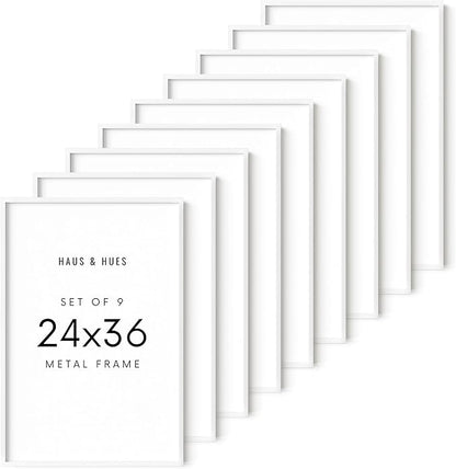 HAUS AND HUES 24x36 White Aluminum Frame Set of 9 - Vertical & Horizontal Hanging, Shatterproof Plexiglass (24x36 in, White)