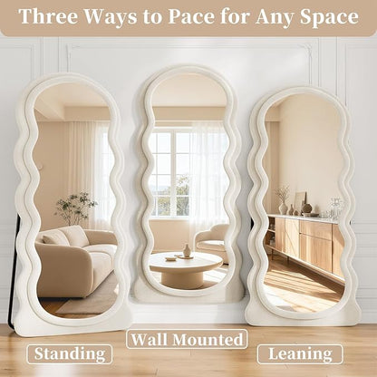 Wavy Full Length Mirror, 71"x30" Full Body Mirror, Flannel Floor Mirror with Stand, Large Mirrors Hanging or Leaning Against Wall for Bedroom Living Room, White