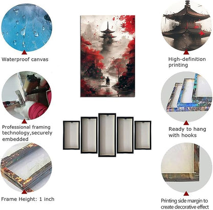 Japanese Canvas Wall Art Japanese Landscape Painting Prints Red and Black Cherry Blossom Trees Building Pictures Artwork for Men Bedroom Living Room Office (12''W x 16''H)