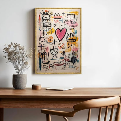 Large Gold Framed Modern Graffiti Wall Art Colorful Abstract Heart Doodle Canvas Poster Beige Textured Pink Love Painting Prints Modern Street Urban Pop Artwork for Bedroom Home Decor 24x36inch