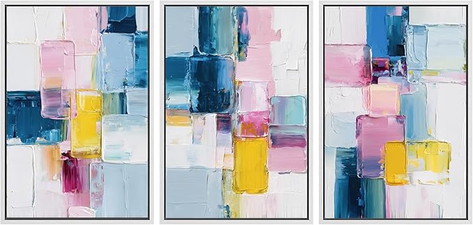 SIGNLEADER Framed Canvas Print Wall Art Set Vibrant Colorful Block Abstract Bold Pink Blue Illustrations Minimal Decorative Bohemian Nordic for Living Room, Bedroom, Office - 16"x24"x3 WHITE