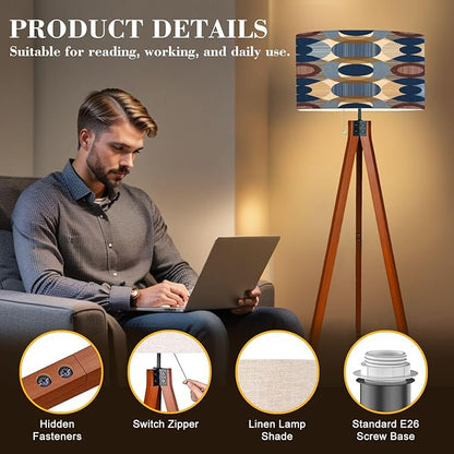 Wood Tripod Floor Lamp Abstract mid Century Seamless Mid Century Standing Lamp Linen Shade Dimmable Modern Tall lamp Home Decor for Living Room Bedroom Office