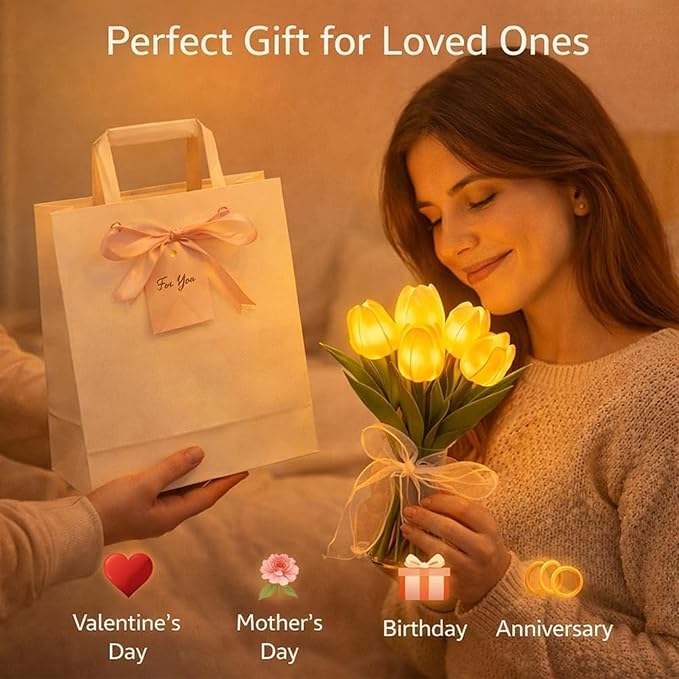 Radiant Romantic Tulip Light, 15-Piece Twinkling Tree Tulip LED Night Light, Flower-Shaped Ambient Night Lamp, Never-Fade Flower Ambient Lamp, PU Material, for Bedroom, White (Excluding Vase)
