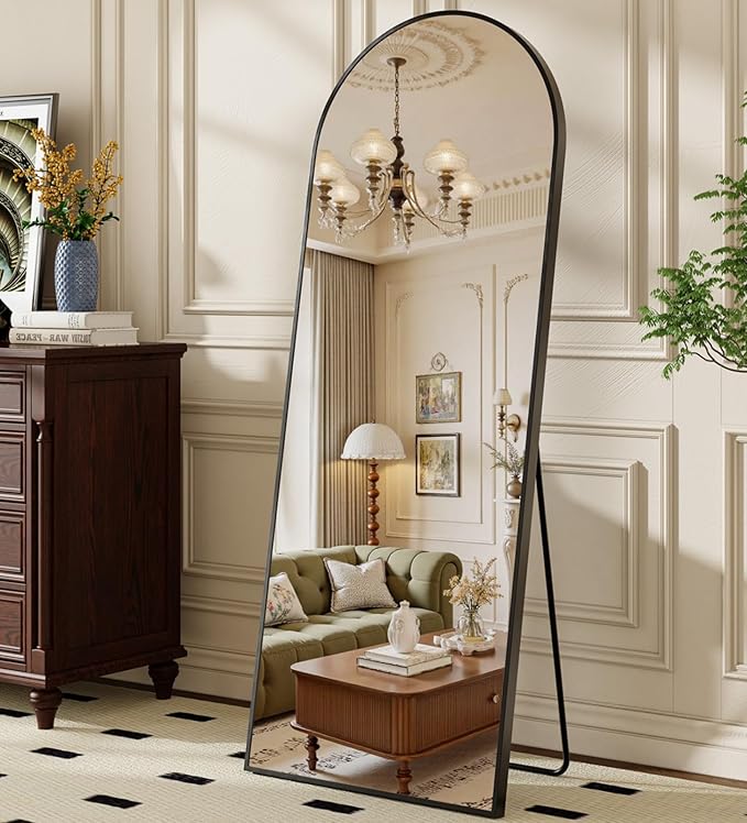 57"x21" Arched Full Length Mirror, Brushed Black Aluminum Frame Floor Mirror with Stand, HD Shatterproof Glass & Rust-Proof Body Mirror for Bedroom, Living Room, Bathroom, Entryway
