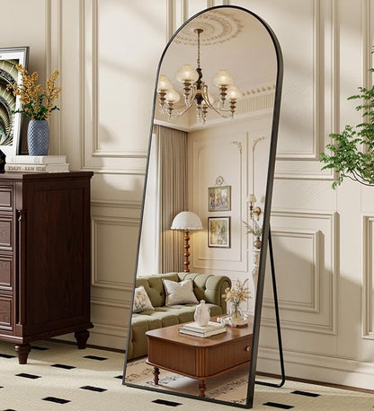 57"x21" Arched Full Length Mirror, Brushed Black Aluminum Frame Floor Mirror with Stand, HD Shatterproof Glass & Rust-Proof Body Mirror for Bedroom, Living Room, Bathroom, Entryway
