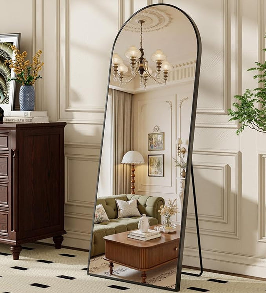 57"x21" Arched Full Length Mirror, Brushed Black Aluminum Frame Floor Mirror with Stand, HD Shatterproof Glass & Rust-Proof Body Mirror for Bedroom, Living Room, Bathroom, Entryway