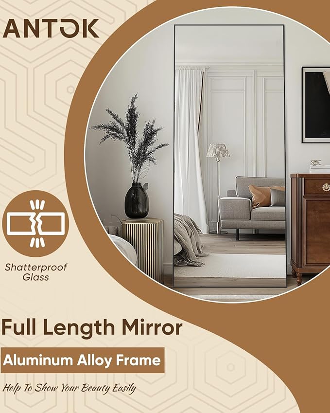 Antok Full Length Mirror, 71"x26" Floor Mirror, Floor Standing Freestanding Full Body Mirror with Stand for Bedroom, Hanging Mounted for Living Room Cloakroom, Black
