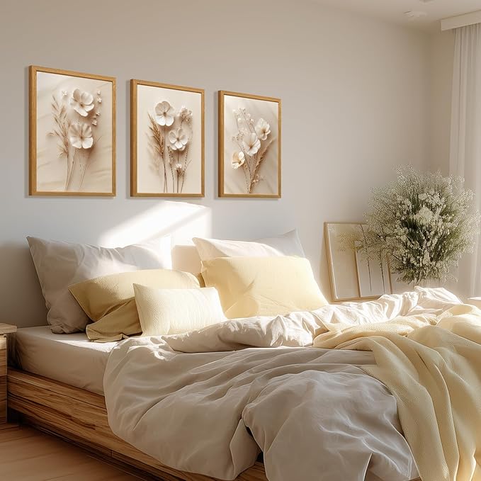 HLXRAE Minimalist Beige Floral Canvas Wall Art, Neutral Farmhouse Wall Decor, Wood Framed Vintage Botanical Poster Prints, Modern Flower Aesthetic Pictures for Bathroom Living Room Bedroom 16"x24"x3
