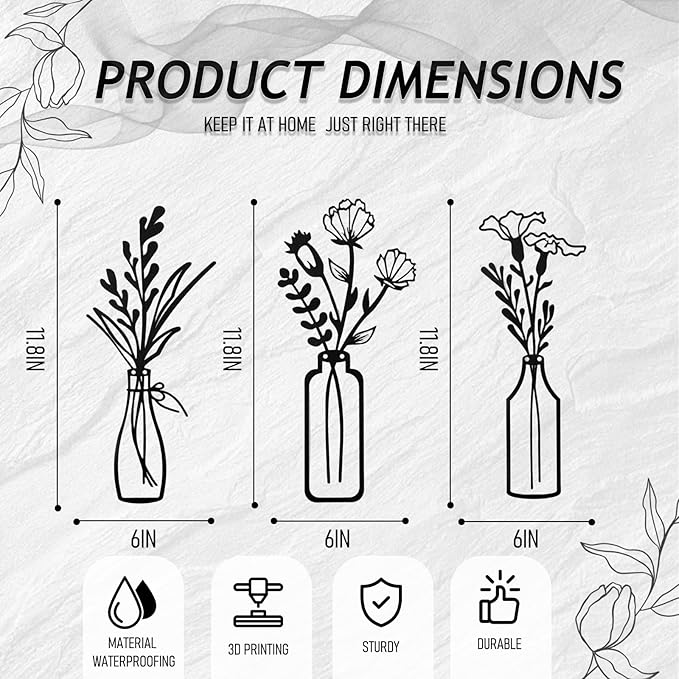 PAASTAI 3 Pieces Metal Flowers Wall Art - Minimalist Farmhouse Wall Hanging Decor for Living Room, Bedroom, Kitchen, Bathroom, Hallway - Floral Home and Office Decor (DK-03)