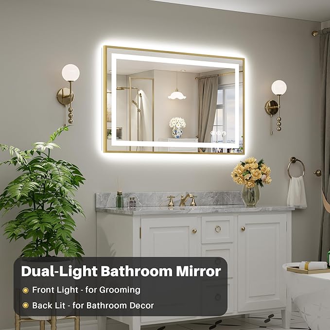 48x30 Inch LED Bathroom Mirror with Gold Frame, Backlit & Front Lit, Anti-Fog Lighted Bathroom Vanity Mirror for Wall, Memory Function, Dimmable, HD Tempered Glass, Shatter-Proof